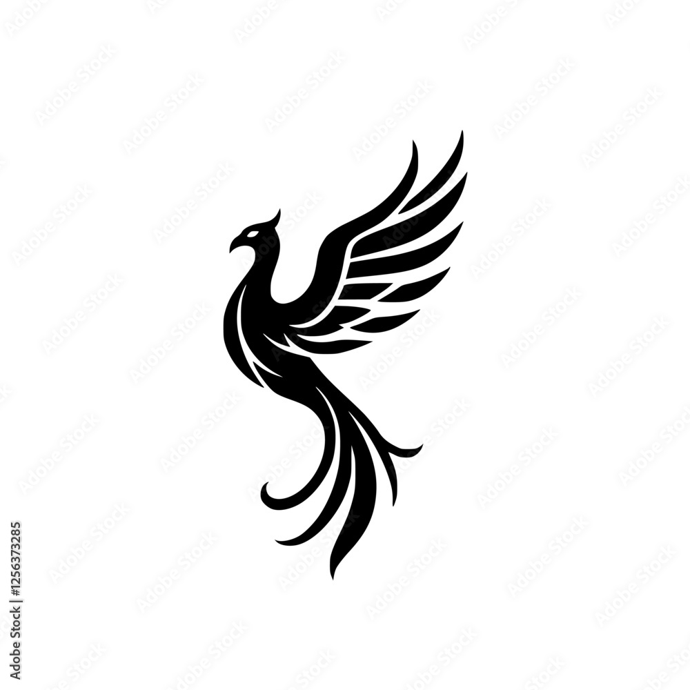 Obraz premium Majestic black phoenix silhouette gracefully ascending against a white backdrop.