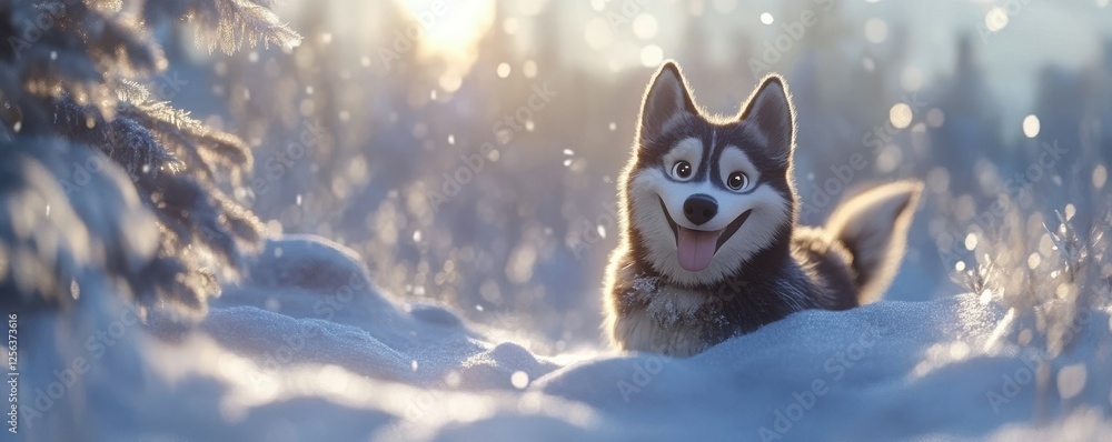 Fototapeta premium Animated husky in snowy winter forest scene with sunlight