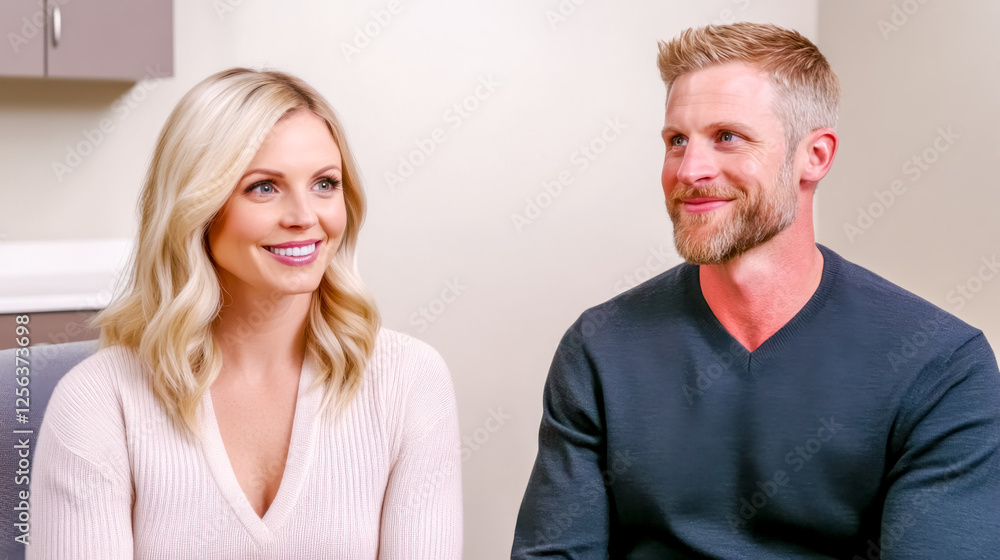 Happy couple smiling and discussing in modern doctor's office Happy couple smiling and discussing in modern doctor's office