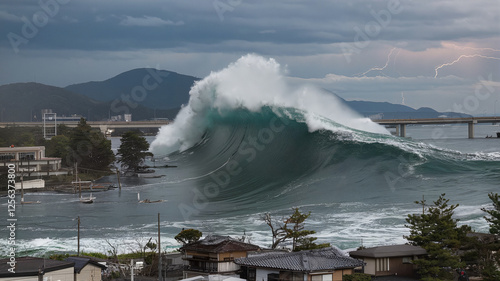 Enormous tsunami wave approaching coastal homes with stormy sky and lightning
