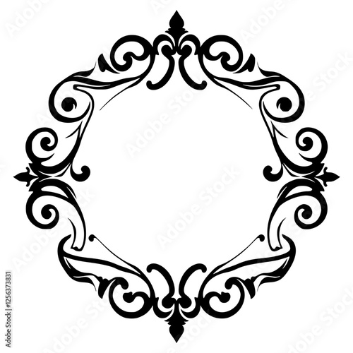A symmetrical decorative frame with black, organic, and ornamental swirls on a white background.