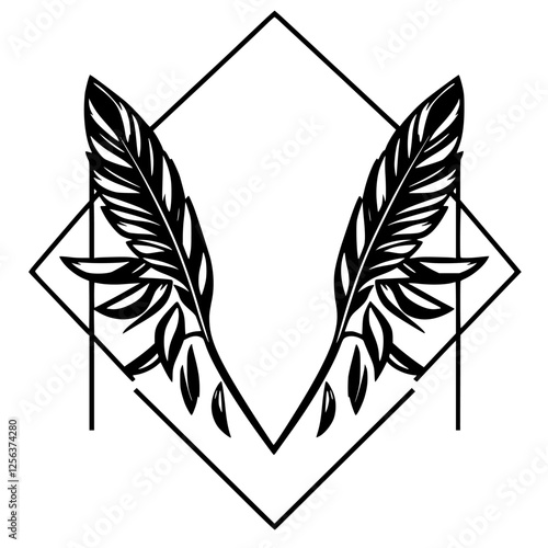 Symmetrical black and white feathered design with feather and diamond shape