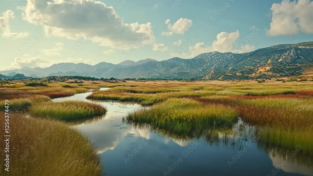 Serene river meanders through autumnal wetland, mountains backdrop Serene river meanders through autumnal wetland, mountains backdrop