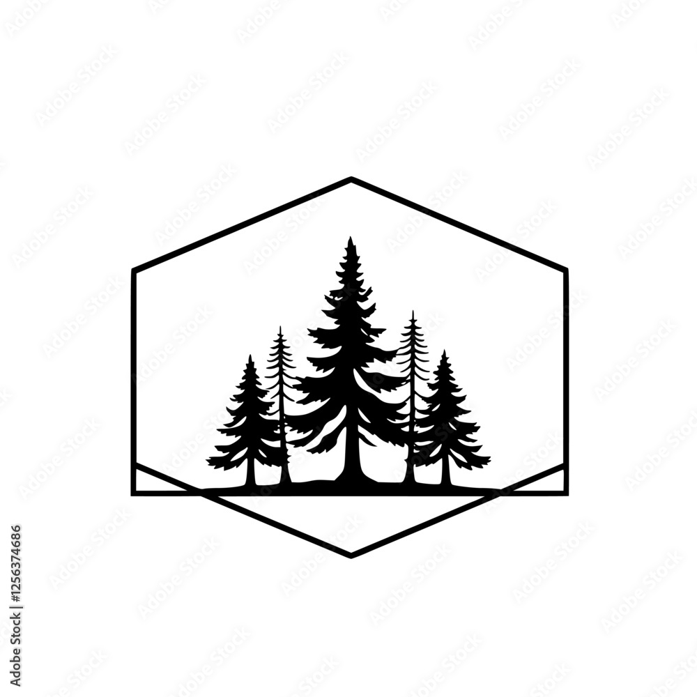 Obraz premium Silhouetted Fir Tree Forest in a Hexagonal Frame on a White Background.