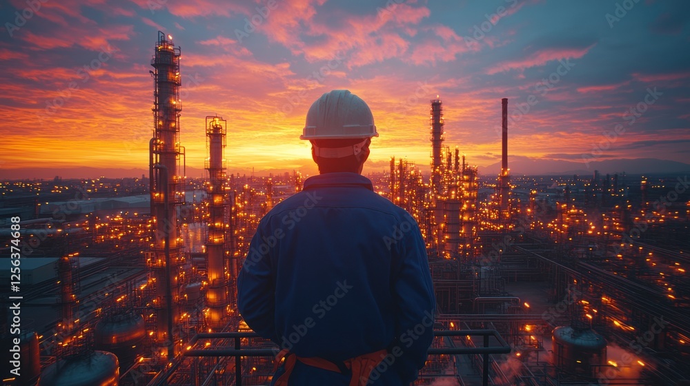 Worker in safety gear gazes at a vibrant sunset over an industrial landscape with glowing towers Worker in safety gear gazes at a vibrant sunset over an industrial landscape with glowing towers