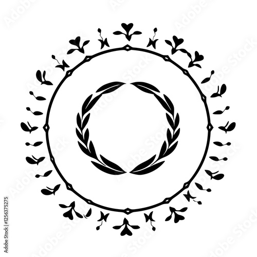 Ornate black and white botanical wreath, featuring leaf design and a secondary inner wreath.