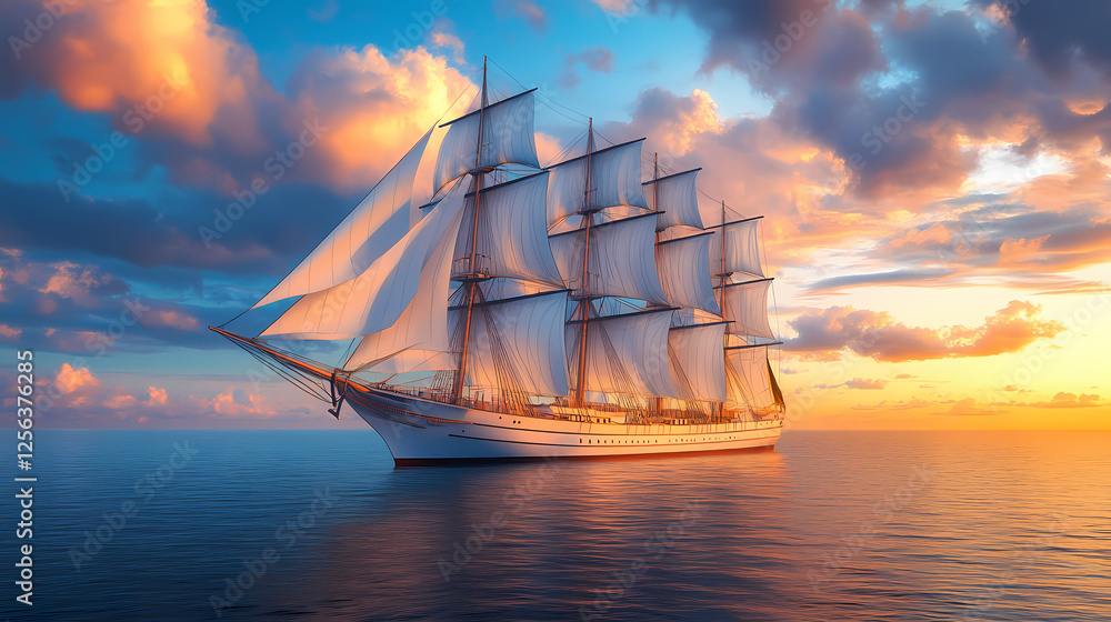 Obraz premium Majestic sailing ship at twilight with billowing sails, nautical dreamscape, celestial sky, historic maritime adventure, ocean fantasy illustration. Dreamlike Canals. Illustration