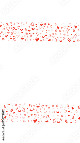 Minimalistic background with a scattering of red hearts in doodle style on a white plain background. Design template. 
