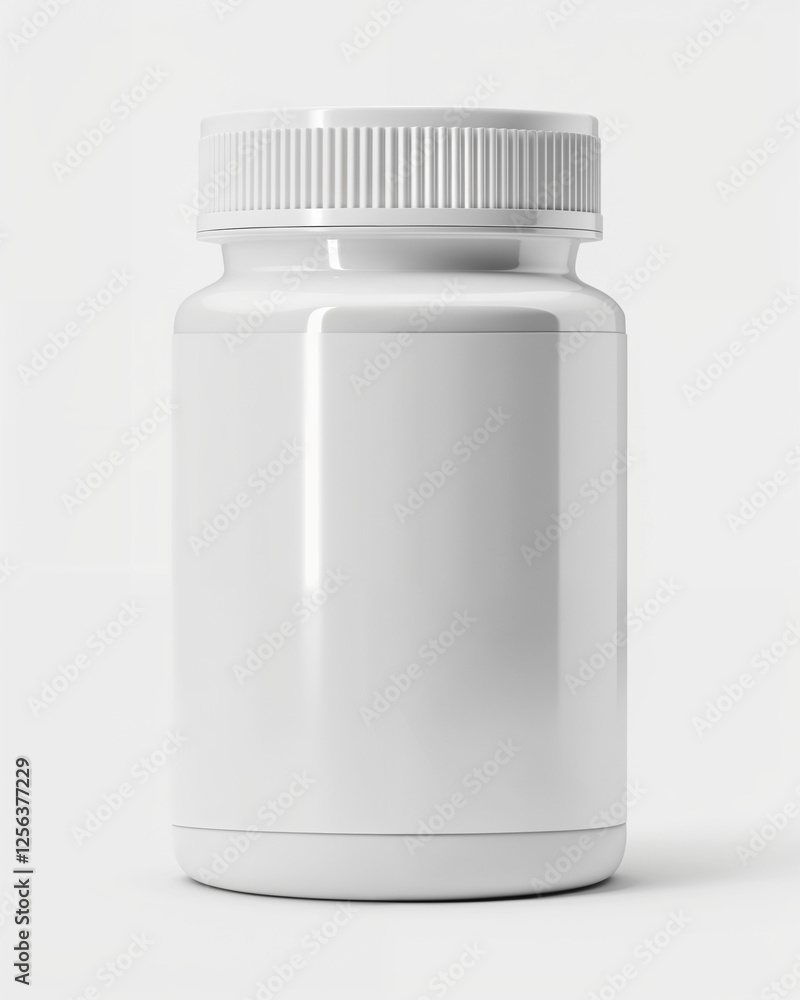 Empty white container for supplements displayed against a light gray background, highlighting its simple and clean design Empty white container for supplements displayed against a light gray background, highlighting its simple and clean design