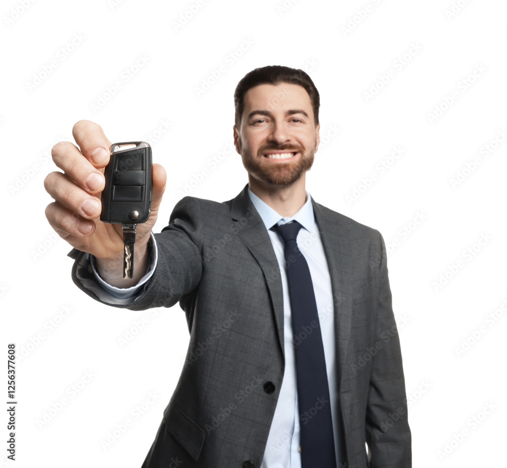 Cheerful salesman with car key on white background Cheerful salesman with car key on white background