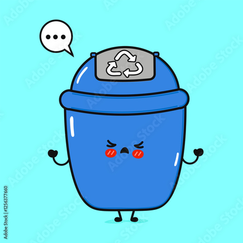 A cute and disgruntled blue recycling bin character expresses its displeasure on a bright cyan backdrop.