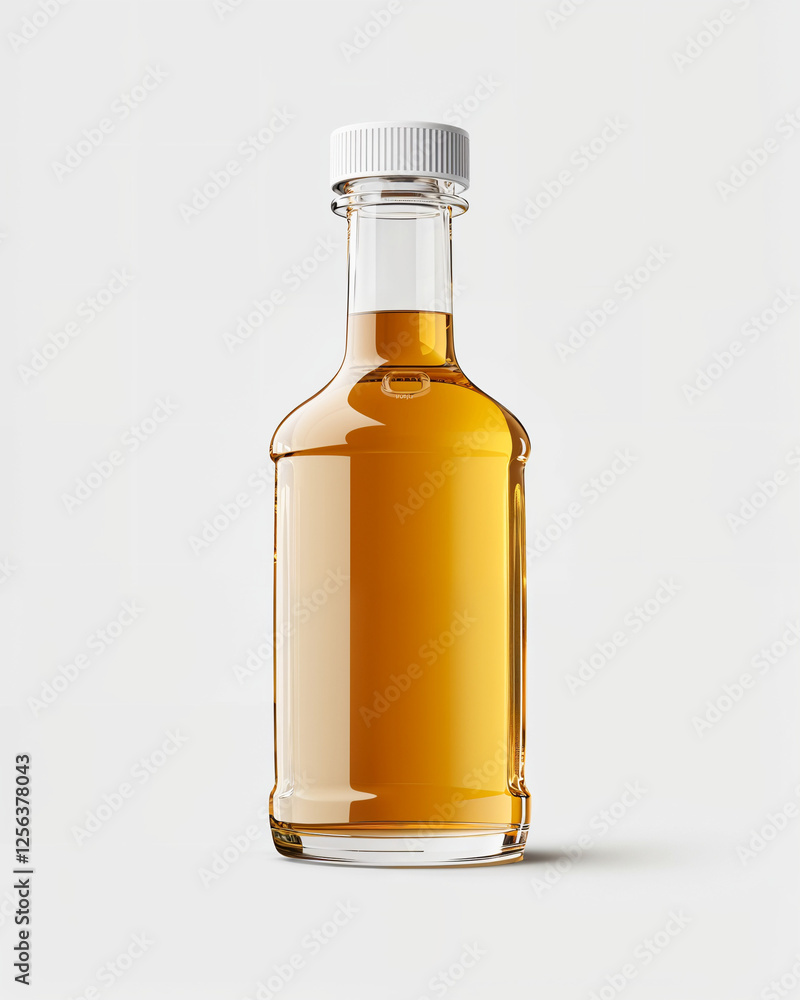 Clear glass bottle filled with amber liquid stands on a neutral background under soft lighting Clear glass bottle filled with amber liquid stands on a neutral background under soft lighting