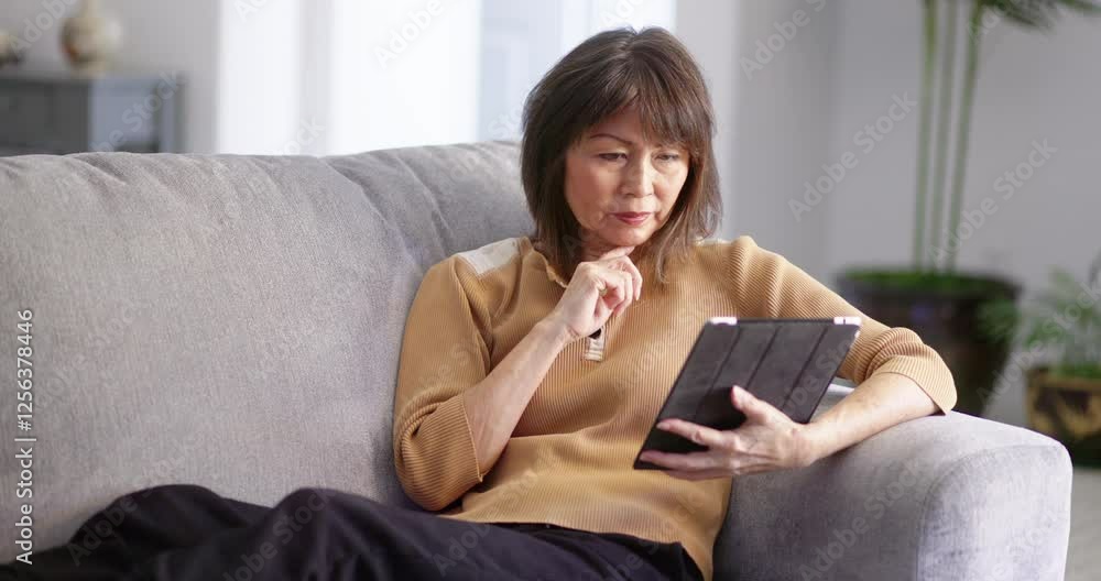 Woman relaxing reading mobile tablet enjoying sitting on home sofa alone Woman relaxing reading mobile tablet enjoying sitting on home sofa alone