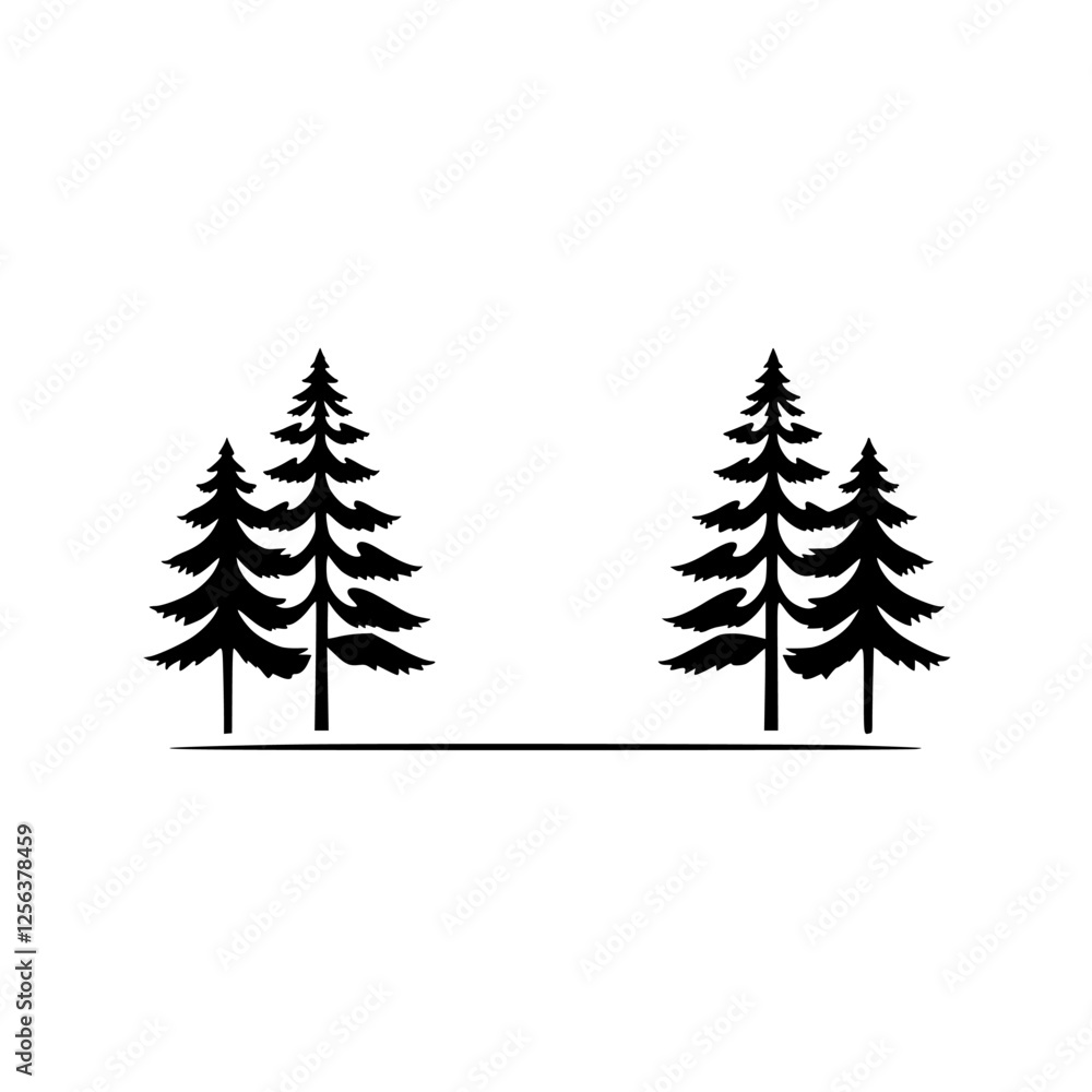 Obraz premium Forest Silhouette: Minimalist Two-Grouped Pine Tree Arrangement on White.