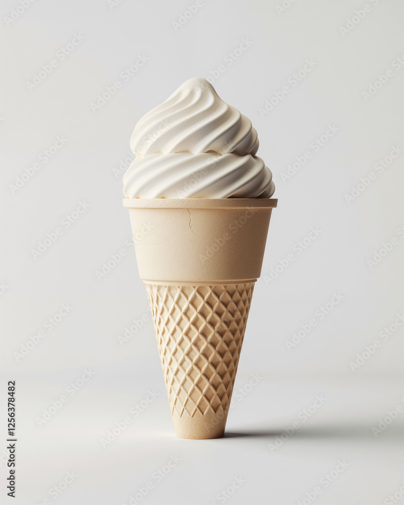 Soft serve ice cream cone with creamy swirl on display against a simple background Soft serve ice cream cone with creamy swirl on display against a simple background