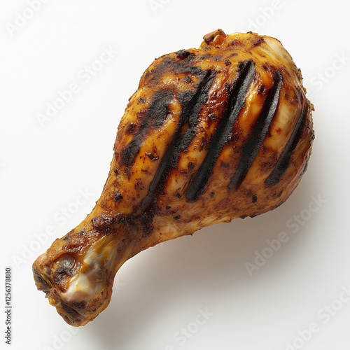 Grilled chicken drumstick with perfect char marks and seasoning on white background symbolizing delicious food, barbecue, roasted meat, and protein-rich culinary delight photo