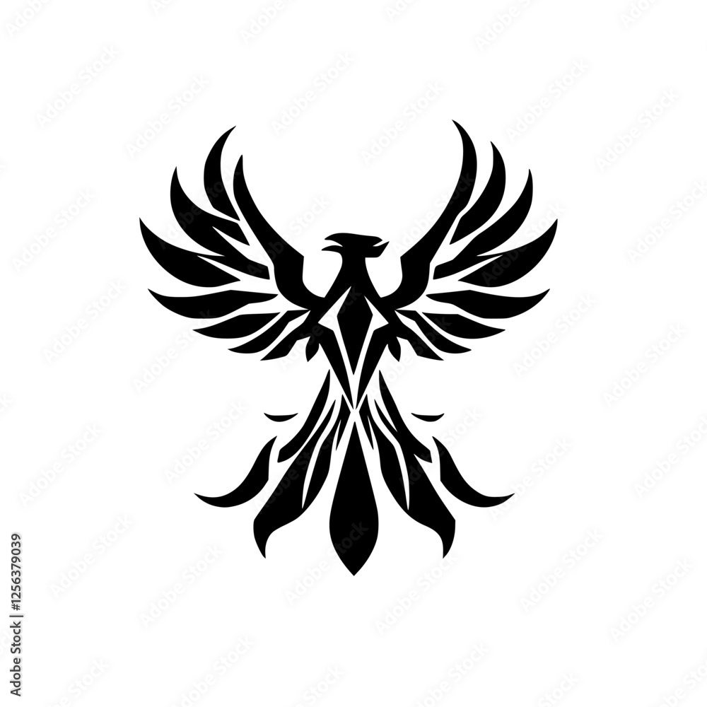 Obraz premium Silhouette of a Phoenix with Wings Spread, Simple Design, White Background, Black Ink, Powerful and Ethereal