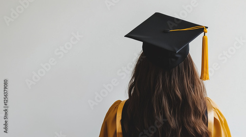 Wallpaper Mural A girl in her graduation gown wearing the black square cap with a yellow tassel, seen from behind against a white background Torontodigital.ca