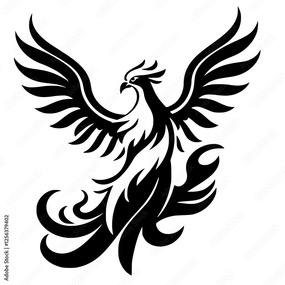 Obraz premium Black and White Phoenix Illustration: A stylized, abstract representation of a phoenix with open wings. This image embodies strength and rebirth.