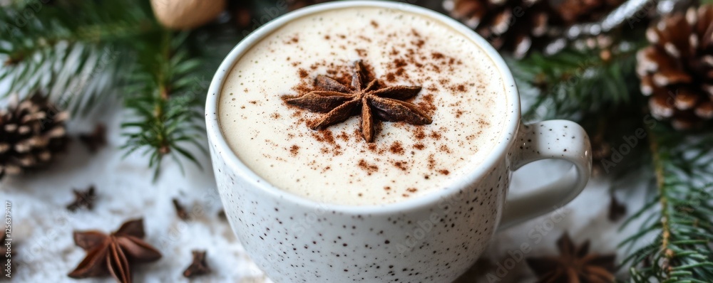 Festive spiced latte with star anise in speckled mug surrounded by pinecones and evergreen branches Festive spiced latte with star anise in speckled mug surrounded by pinecones and evergreen branches