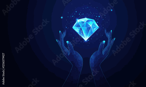 Futuristic Business Value Creation with Glowing Hands and Diamond Concept Vector Art