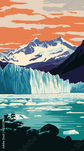 Perito Moreno Glacier WPA Art Deco Style Poster in Los Glaciares National Park Argentina