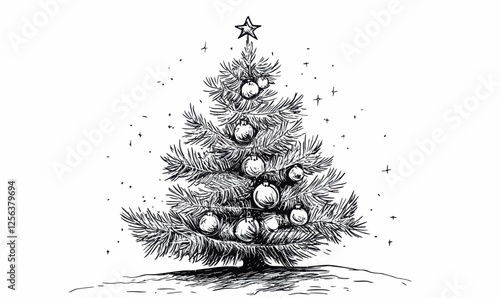 Hand Drawn Christmas Tree Vector Illustration Minimalist Ink Sketch with Star and Ornaments