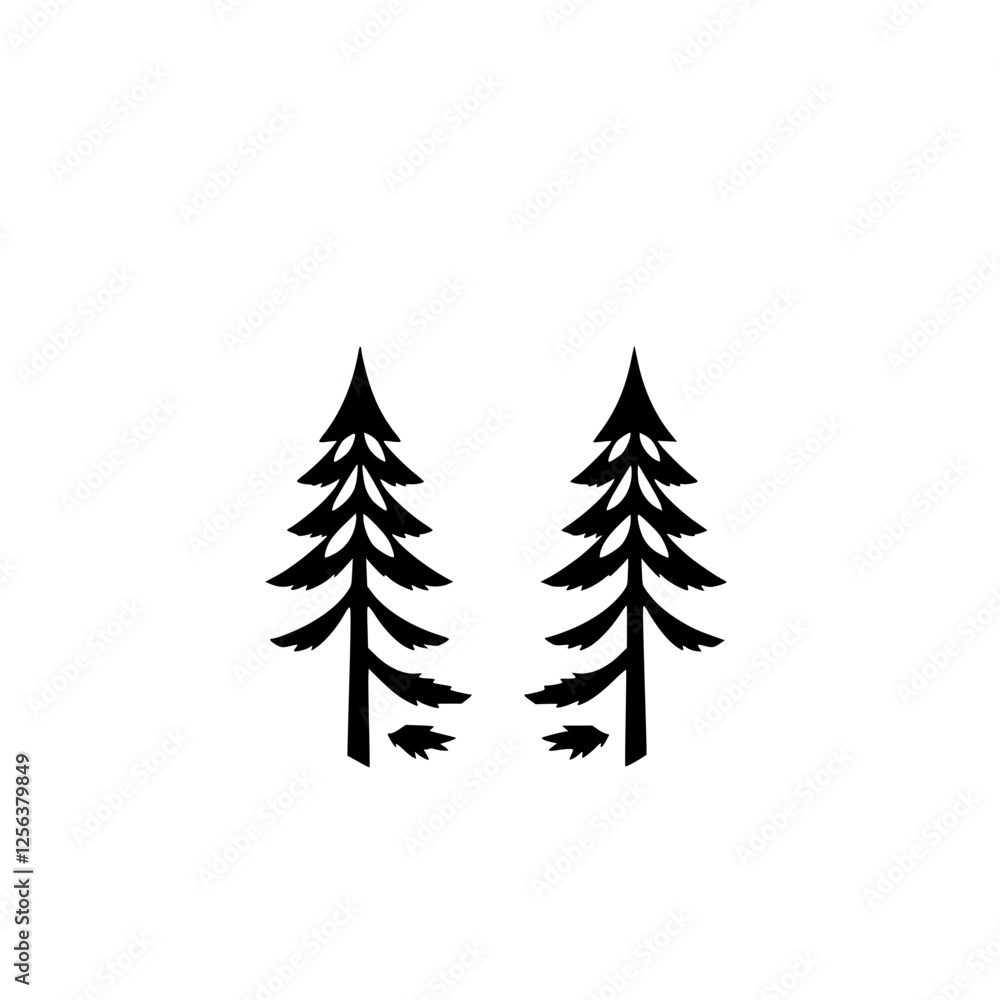 Obraz premium Minimalist image of two black fir trees placed inside a large white circle.
