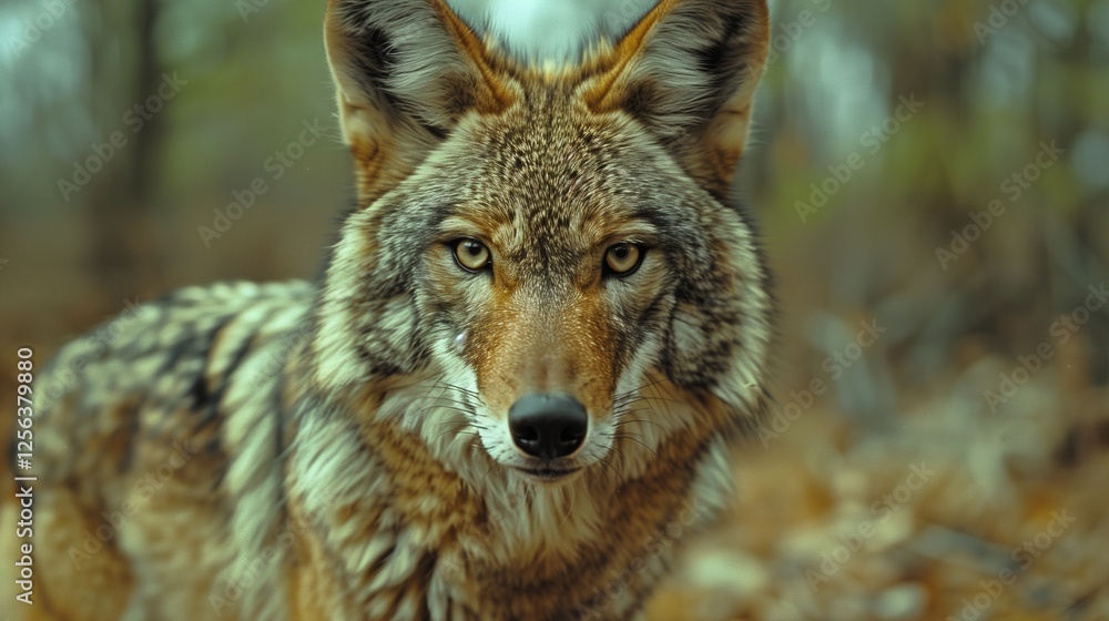 Fototapeta premium Coyote in the wild with sharp eyes and alert ears surrounded by nature and trees