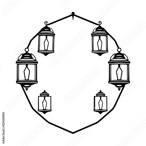 Black and white illustration of a hexagon, with lanterns.