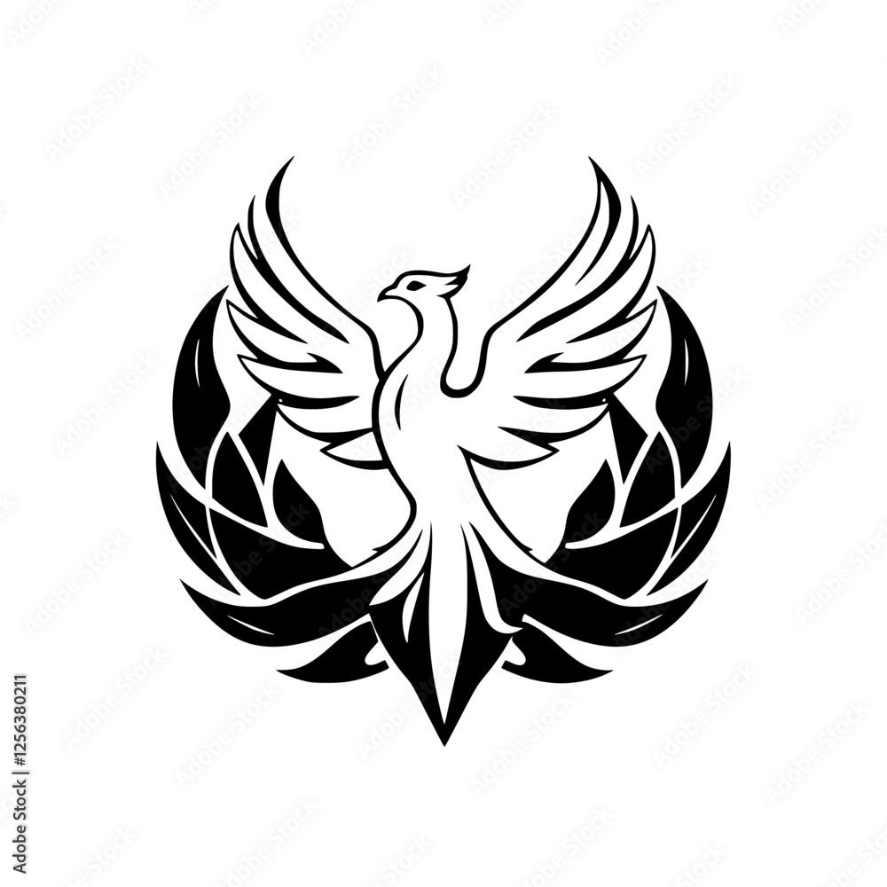Stylized Phoenix: A Black and White Emblem of the Phoenix. The image captures a phoenix with open wings, stylized as an emblem, in a stark white background. Stylized Phoenix: A Black and White Emblem of the Phoenix. The image captures a phoenix with open wings, stylized as an emblem, in a stark white background.