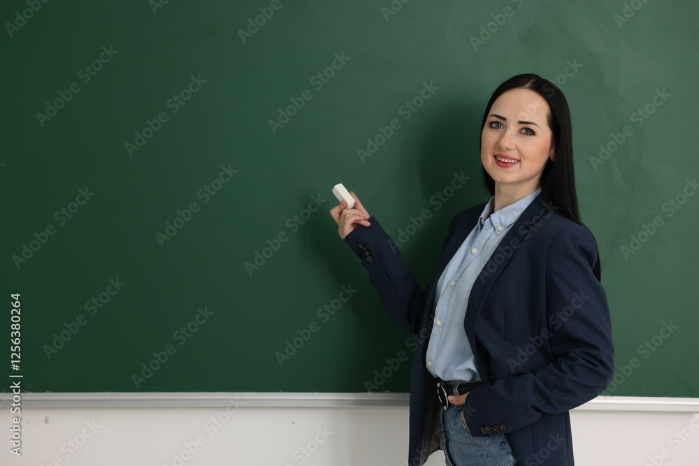 English teacher near chalkboard in classroom. Space for text English teacher near chalkboard in classroom. Space for text