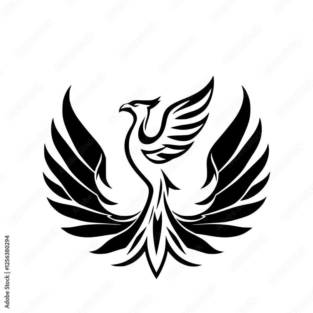Fototapeta premium Majestic Phoenix Silhouette in Flight, Black and White Illustration, Symbolic of Rebirth and Transformation.