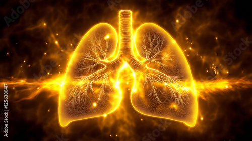 Futuristic glowing orange lungs hologram with digital interface representing medical technology, healthcare, respiratory system, artificial intelligence, and innovative biotechnology concept photo