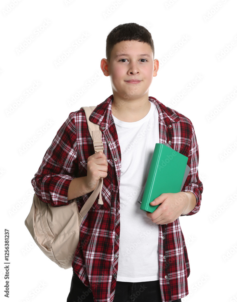 Portrait of teenage boy with books and backpack on white background Portrait of teenage boy with books and backpack on white background