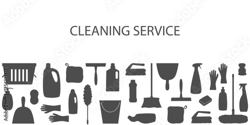 Minimalistic cleaning supplies background in monochrome. Template for professional cleaning company promotion, advertisement, branding, marketing, business card, banner