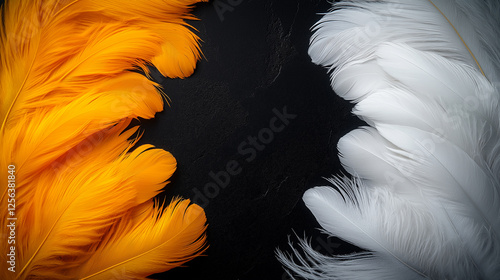 Elegant white and golden feathers on dark background symbolizing contrast, softness, lightness, purity, luxury, artistic creativity, and delicate abstract composition photo