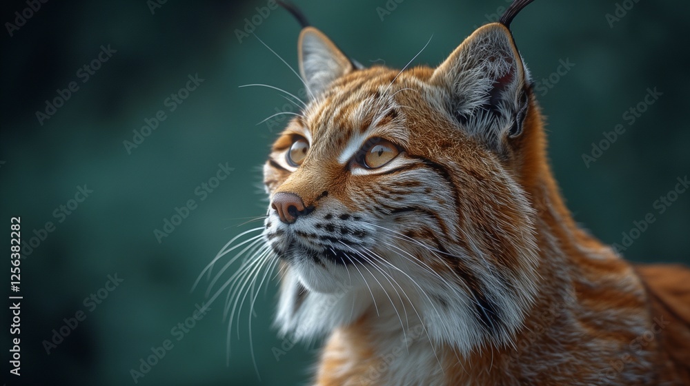 Closeup of a lynx with striking orange fur and piercing eyes set against a dark green background Closeup of a lynx with striking orange fur and piercing eyes set against a dark green background