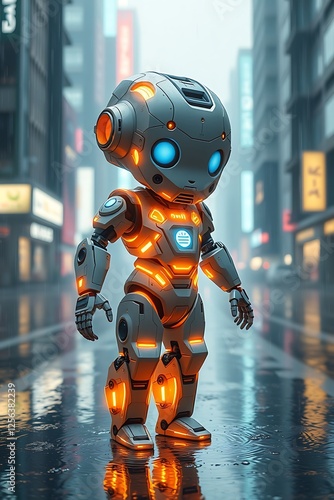 Cyberpunk Cute AI Humanoid with Glowing Neon Circuits in a Futuristic Cityscape – Concept Art