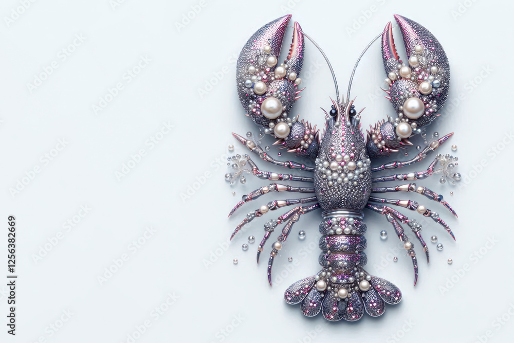 Fototapeta premium A lobster decorated with pearls and jewels. Space for text.