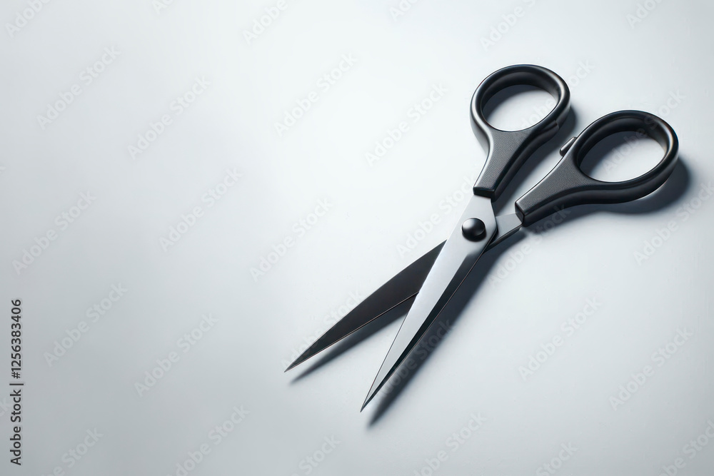 Black scissors on a light background. Space for text. Black scissors on a light background. Space for text.