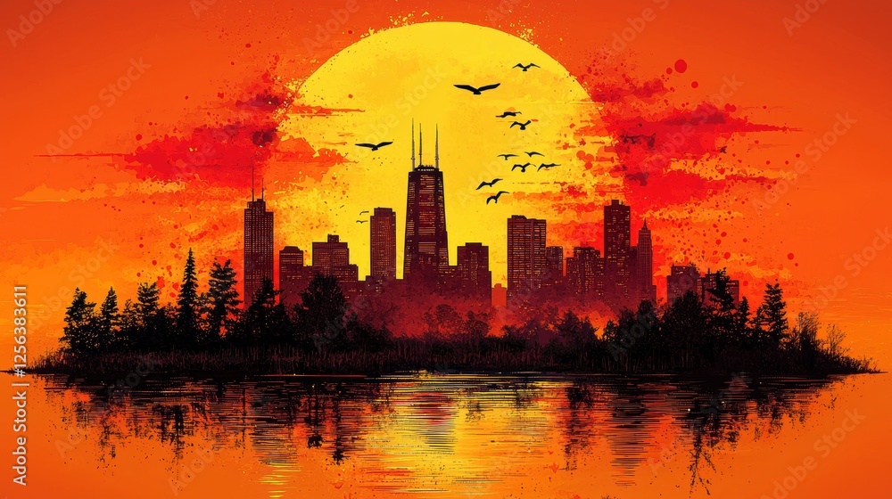 Fototapeta premium A vibrant sunset over a city skyline reflected in water, with birds flying.