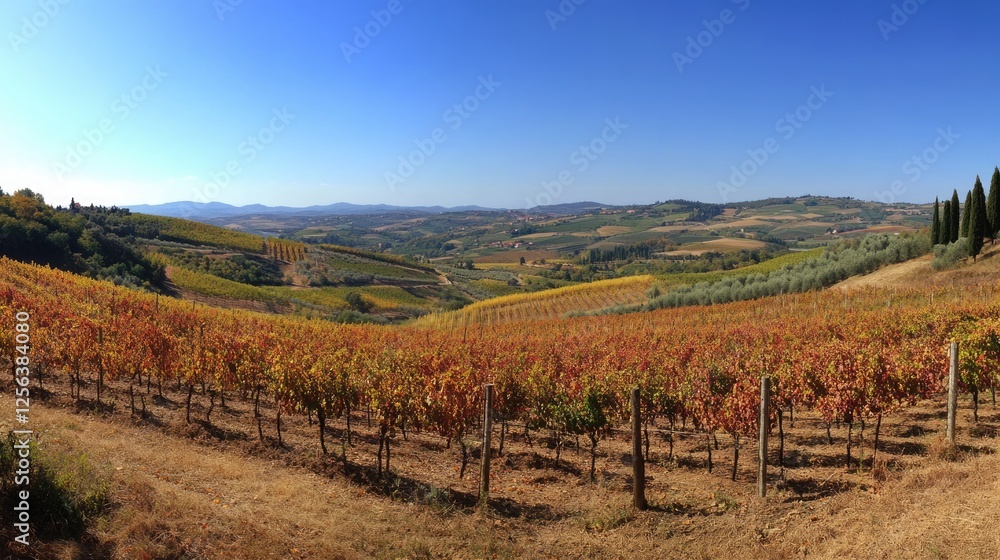 Fototapeta premium Breathtaking Autumn Panorama of Tuscany's Chianti: A Dreamland of Classic Cypress and Countryside Agriculture