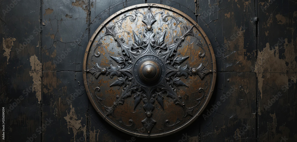 An ornate metallic shield showcases detailed engravings in a dimly lit space. Its surface displays signs of wear, adding character to the historical design An ornate metallic shield showcases detailed engravings in a dimly lit space. Its surface displays signs of wear, adding character to the historical design