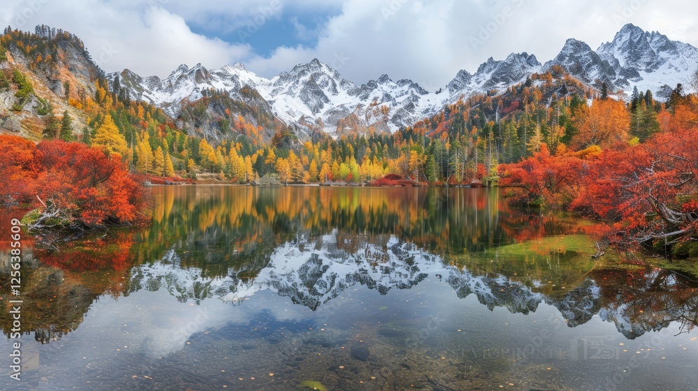 Tranquil lake reflecting majestic mountains and lush forests in a breathtaking natural landscape Tranquil lake reflecting majestic mountains and lush forests in a breathtaking natural landscape