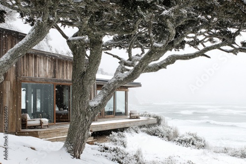Winter Retreat at Sea Ranch: Architectural Harmony with Nature Amidst Snow-Capped Trees