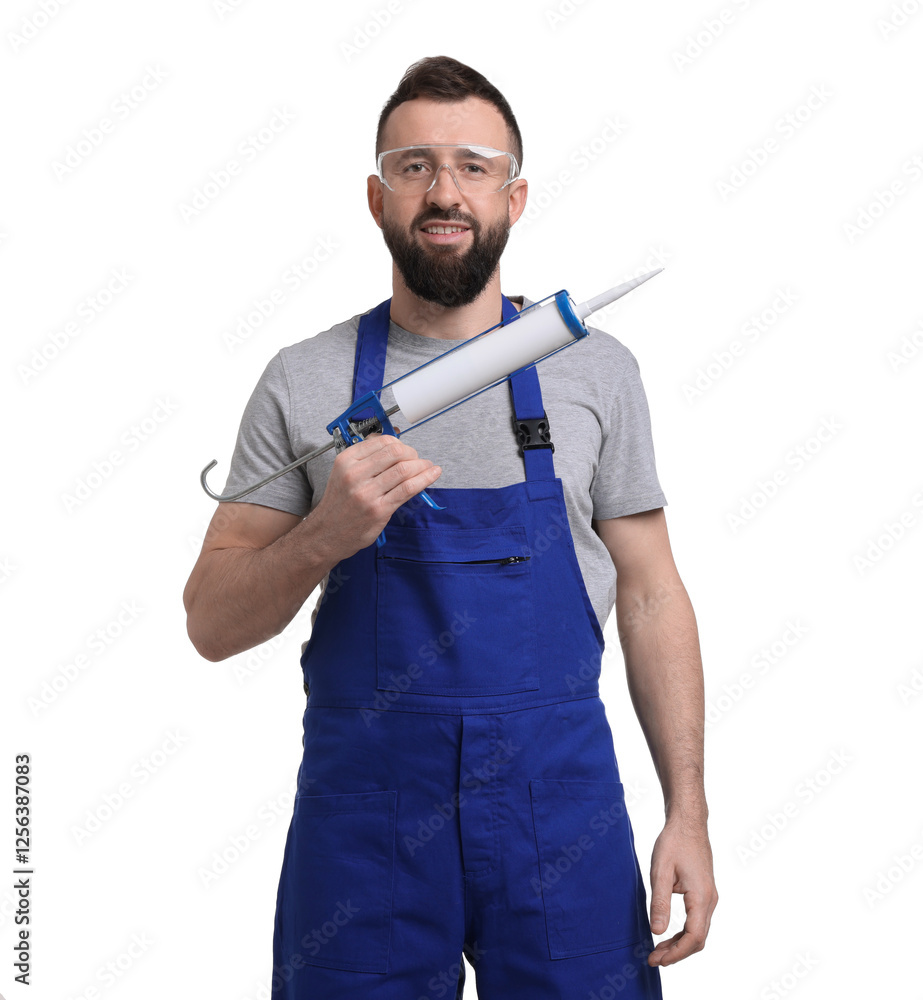 Worker with caulking gun on white background Worker with caulking gun on white background