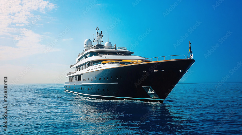 A luxury yacht navigates calm, blue waters under a clear sky, showcasing maritime elegance and nautical adventure on a sunny day at sea. A luxury yacht navigates calm, blue waters under a clear sky, showcasing maritime elegance and nautical adventure on a sunny day at sea.