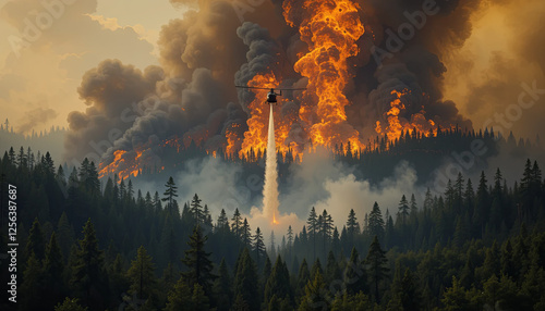 A helicopter drops water on a raging forest fire in a mountainous area surrounded by thick trees. Smoke billows into the sky as flames engulf the landscape in the late afternoon light photo