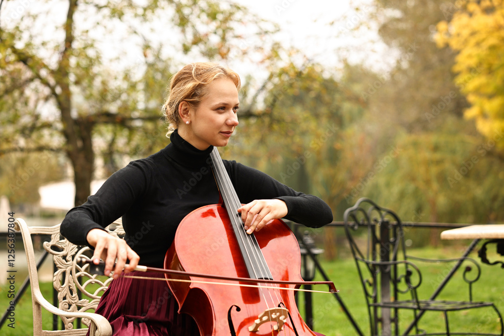 Fototapeta premium Beautiful young woman playing cello in park, space for text